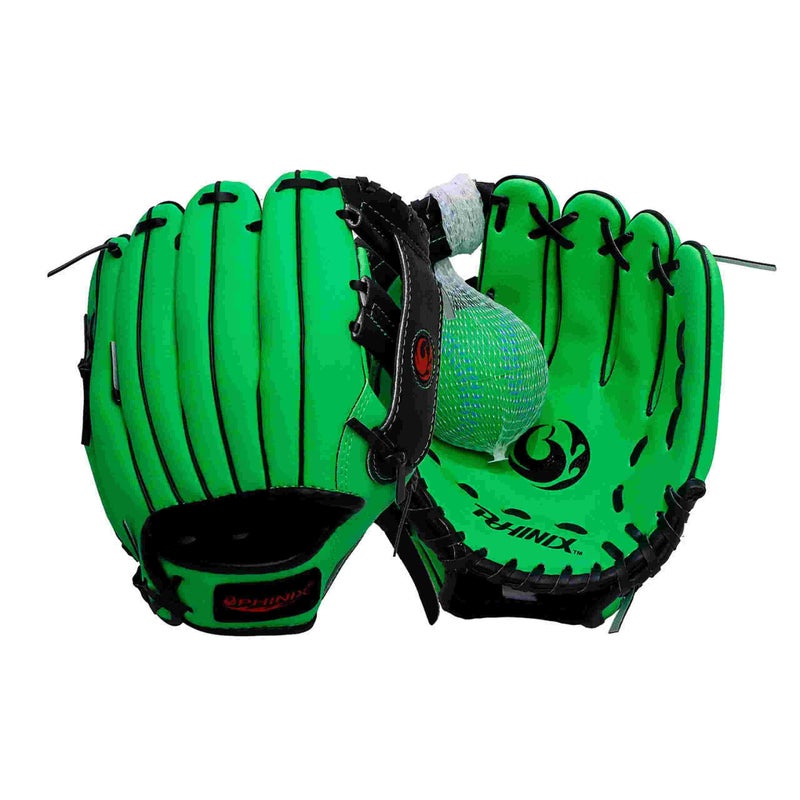 PHINIX 10" Baseball Glove Tee Ball Mitts and Soft Rubber Ball for Kids Beginner Play Training Right Hand Throw Green - Image 1